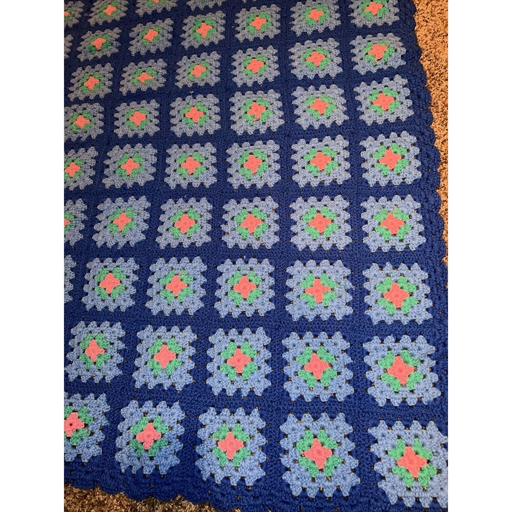 Granny Square Vintage 70s Blue Pink Block Crochet Afghan Throw Blanket 54x54”